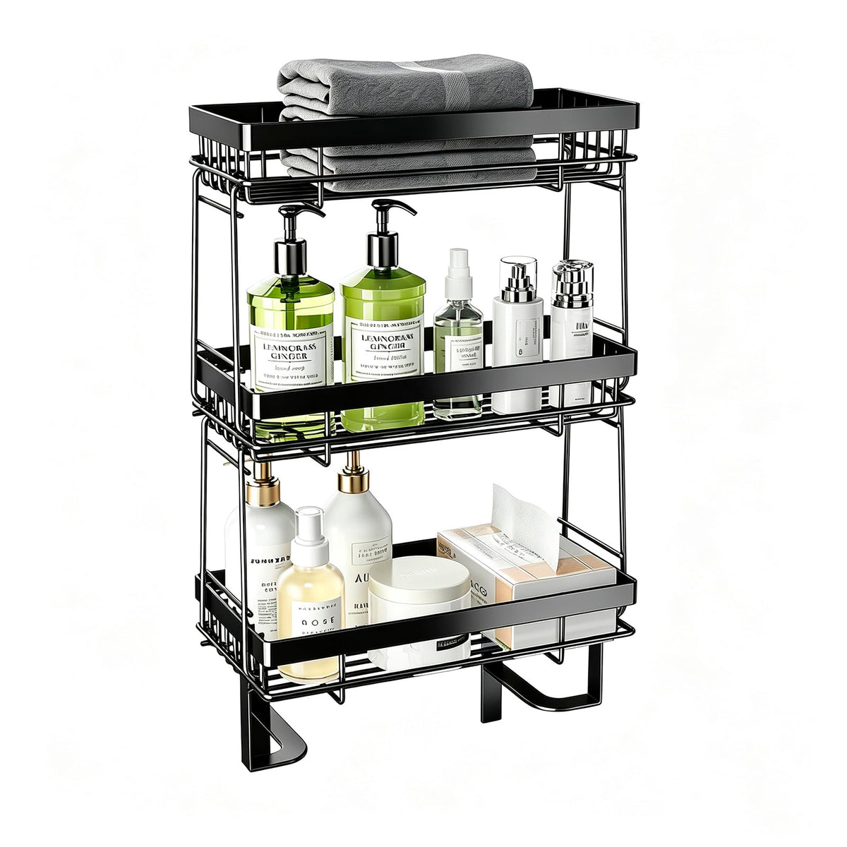 3-Tier Over The Toilet Shelf, No-Drill Bathroom Organizer, Black - Image 1