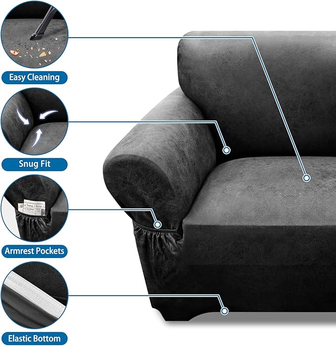 Loveseat Sofa Slipcover Leather Look Couch Covers for 2 Seater Couch Sofa 1-Piece Sofa Cover Stretch Furniture Protector with Elastic Bottom & Pockets(Loveseat, Dark Grey)