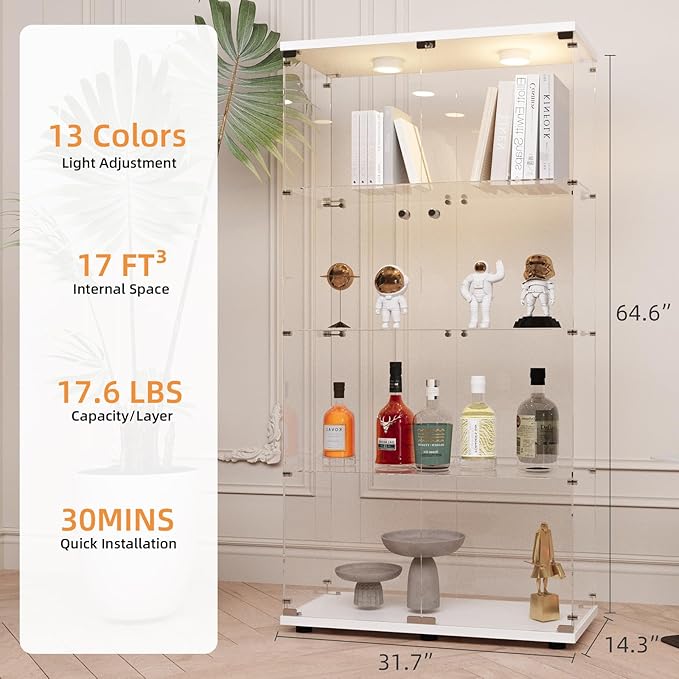 LFT HUIMEI2Y Glass Display Cabinet with LED Lights and Lock, 2 Door Curio Cabinets, Tempered Glass Collection Display Showcase for Bedroom, Living Room 65” White