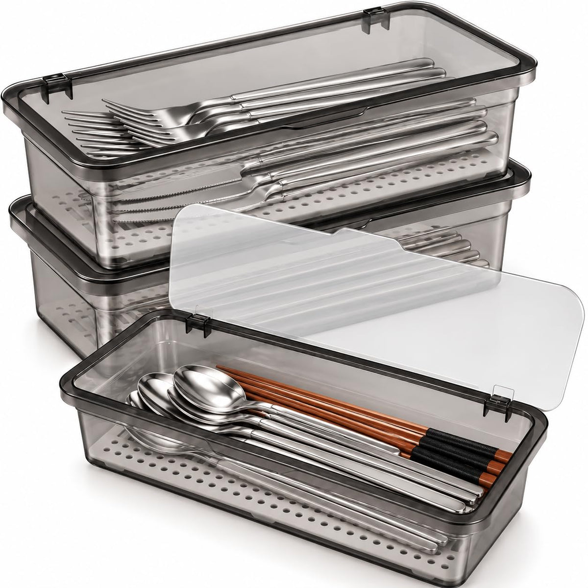 Cabilock 3 Pack Silverware Organizer with Lid, Black - Image 1