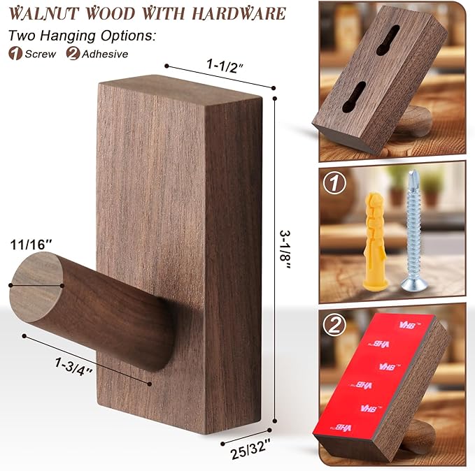 Natural Wooden Wall Hooks, Adhesive & Screw Mount Coat and Towel Hooks - Decorative Key Holder, Hat Rack, Stocking Wall Hangers for Bathroom Entryway Closet - 4 Pack, Walnut Wood