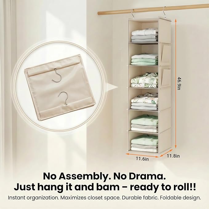 6-Shelf Hanging Closet Organizer with Side Pockets, Closet Hanging Storage Shelves for Clothes, Shoes & Accessories, Space-Saving Wardrobe Storage Solution,Send Goods from Local Warehouse