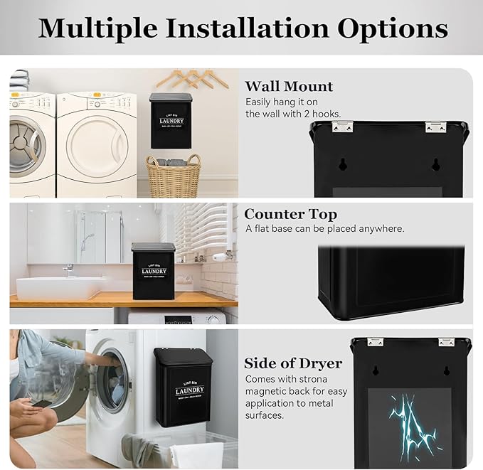Fantasyon Magnetic Lint Bin with Lint Brush for Laundry Room Decor Farmhouse Rustic Metal Wall Mounted Lint Box Holder Keeper Organization Lint Trash Can with lid for Dryer (black)