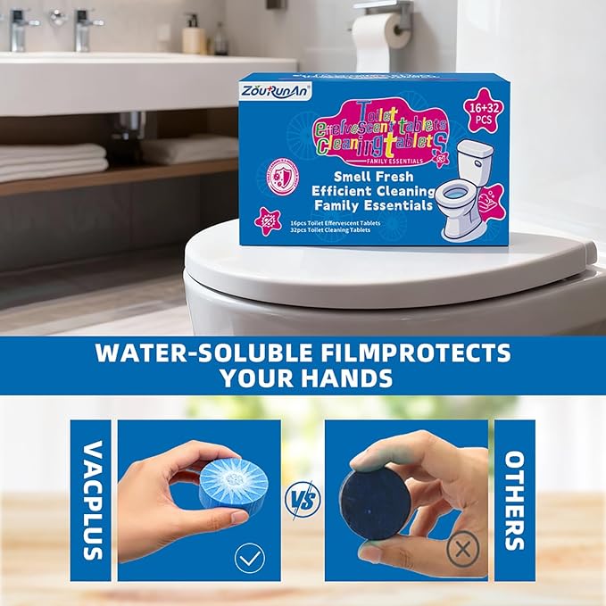 48PACK Toilet Cleaning Tablets Set - 16 Effervescent Toilet Bowl Cleaners Tablets + 32 Blue Toilet Tank Tablets, Double-Action Formula for Stain, Water Deposit Removal