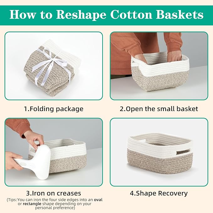 Bidtakay Small Cotton Rope Storage Baskets for Organizing 3 Pack Woven Baskets for Storage Closet Organizer Bins for Shleves 11.8×7.8×5 inch Cute Boho Decorative Basket with Handles - White&Tan