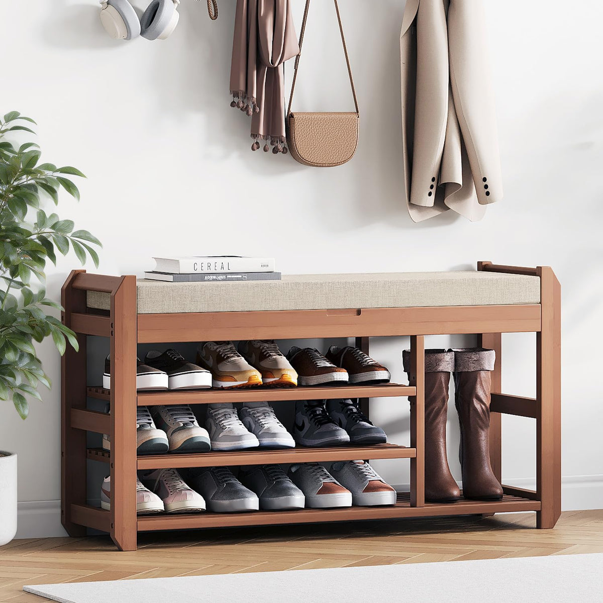 39.4" Entryway Shoe Rack Bench with Cushion, 3-Tier Storage Bench - Image 1