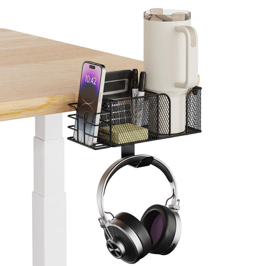 4-in-1 Clamp on Desk Cup Holder, Dual Compartment Mesh - Image 1
