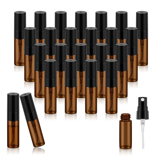 Zhehao 50 Pcs Mini Spray Bottles 3ml Clear Glass Perfume Bottles Refillable Fine Mist Perfume Atomizer Portable Empty Sample Containers for Cleaning, Essential Oils, Travel (Amber)