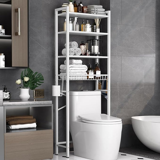 Over-The-Toilet Storage Rack, 4-Tier Bathroom Organizer Shelf Over Toilet with Adjustable Shelf and Basket, Freestanding Space Saver Bathroom Shelves Above Toilet for Room (Pure White)
