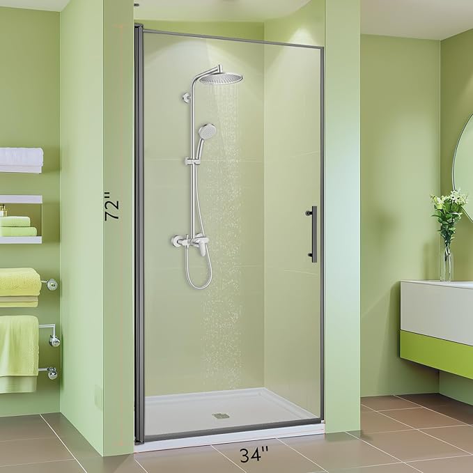 34" Wx72 H Frameless Reversible Pivot Shower Door, 1/4" Clear SGCC Tempered Glass, 304 Stainless Steel Hardware, Water Protection Seal Stripes Plus Glass-Fixing Aluminum Stripe