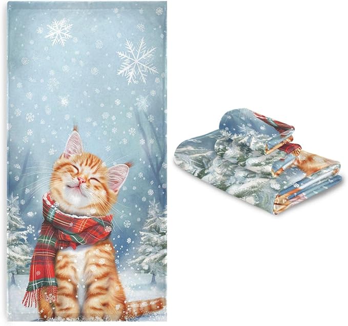 Pfrewn Christmas Winter Towels Set of 3 Cute Cat Wearing Plaid Scarf Bathroom Towel Soft Absorbent Bath Hand Towels Washcloth Guest Towel Sets Xmas Holiday Decor