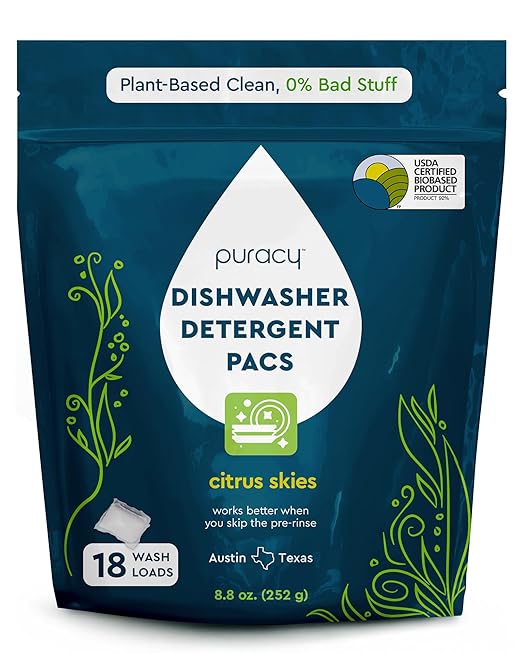 Puracy Dishwasher Pods, Natural Dishwasher Detergent, Free & Clear Dish tabs - Enzyme-Powered, Spot & Residue Free - TikTok Trend Items, Must Haves from TikTok Made Me Buy It (Citrus Skies, 18 Count)