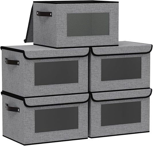 Foldable Storage Baskets with Lids, Fabric Closet Organizers with Handles, 10.2 x 7.8 x 6.7 Inch Storage Boxes for Shelves, Gray, 5-Pack