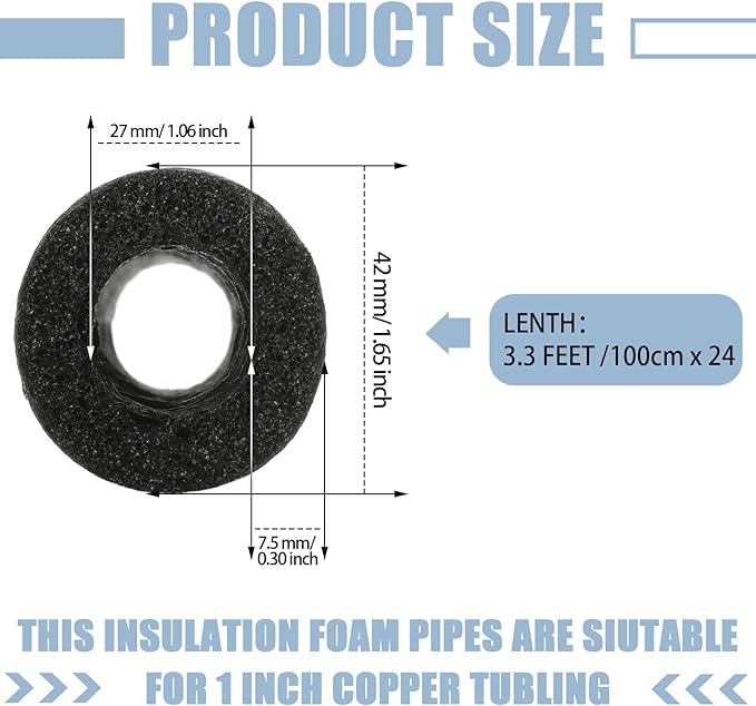 Amylove 12 Pcs 3.3 Feet Pipe Insulation Foam Tube Pool Noodles Insulating Water Pipe Swim Noodles Pre Slit Heat Preservation Pipes Cover for Tubing Outdoor Winter Freeze Protection(Black,1 Inch)
