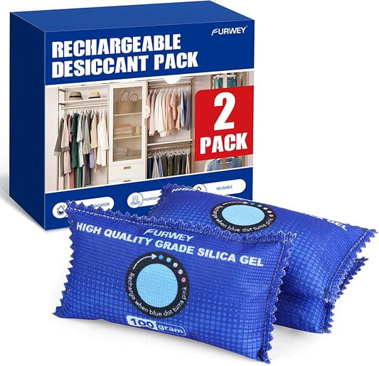 2 Pack Rechargeable Desiccant Packs, 100g Each, Blue, Color Indicating Silica Gel Dehumidifier Bags for Storage, Closets, Cars, Bins
