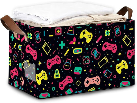 Decorative 32L Colorful Game Controller Storage Bins with Handles, Organization and Storage, Cube Storage Organizer for Hamper, Nursery
