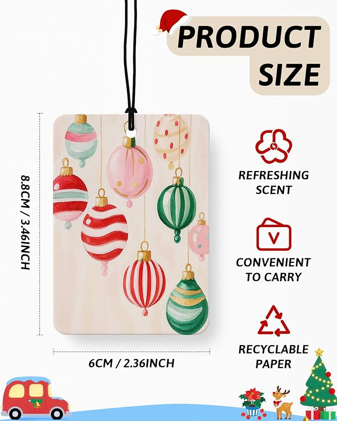 Preppy Christmas Berry Air Freshener 4 Pcs, Pastel Pink Green Candy Cane Bauble Bell Xmas Hanging Air Freshener for Cars Closet Drawer Books, Christmas Car Accessories Mirror Decor for Women