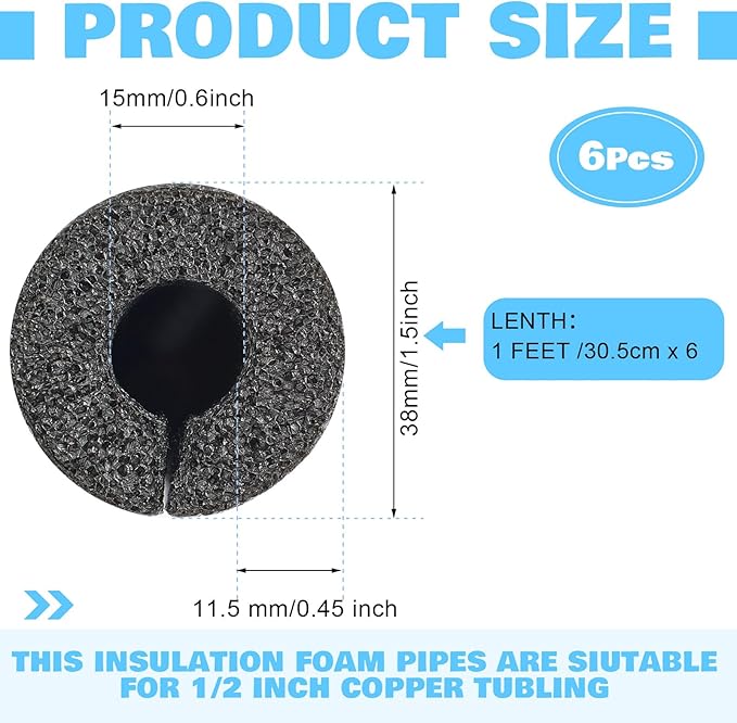 Amylove 6 Pcs 1 Feet Foam Pipe Insulation Foam Tube Insulating Water Pipe Pool Swim Noodles Heat Preservation Pipes Covers for Tubing Outdoor Freeze Protection(Black,1/2 Inch)