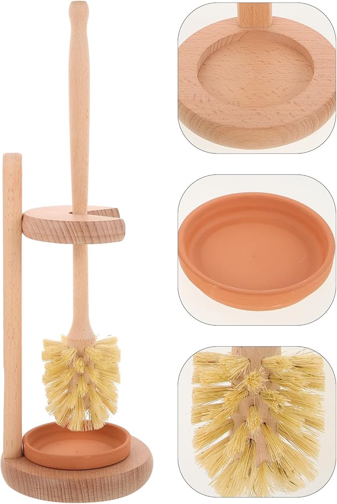 Ceramic Toilet Brush Beech Wood Base Set with Long Handle Bowl Brush for Bathroom Toilet Cleaning for Deep Cleaning and Hygiene
