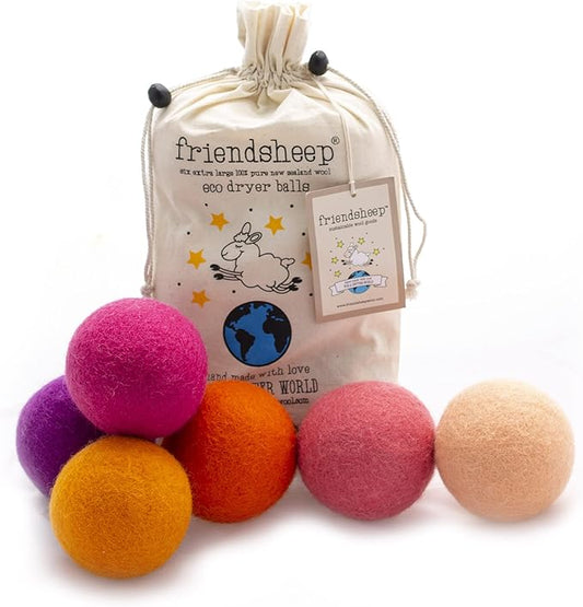 Friendsheep Wool Dryer Balls, Organic Reusable Fabric Softener Alternative for Laundry, Handmade, Fair Trade, Hypoallergenic, Eco-Friendly, Plastic-Free (6 Pack XL - Tropical Sunset)