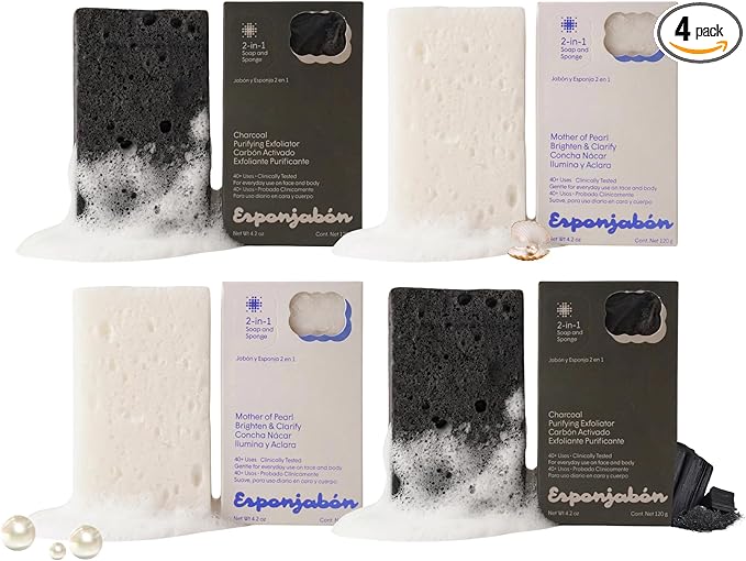 T.Taio Esponjabon Mother of Pearl and Charcoal Soap Sponges — Shower Scrubbers That Remove Oil and Dirt — Sponges to Scrub Foot, Elbow and Face — Bathroom Accessories — Fresh Scent (4-Pack)
