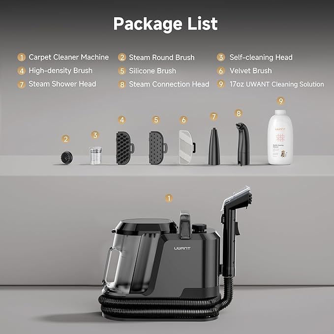 uwant Carpet Cleaner Machine with Steam&Hot&Cold Water System 18Kpa Powerful Suction Upholstery Cleaner Machine with Textile Cleaner for Pets, Carpet Steam Cleaner with Specialty Tools for Cars