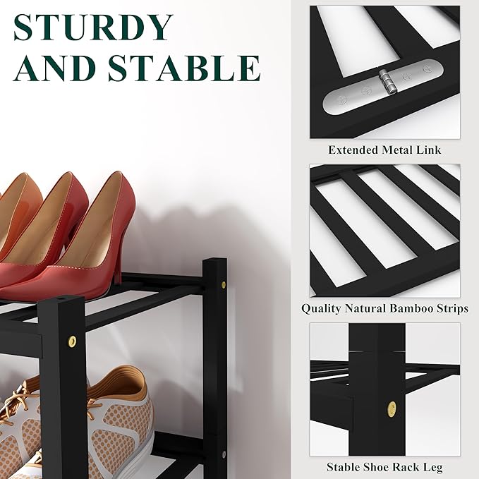 Smiry Bamboo Shoe Rack for Closet, 2 Tier Long Wooden Stackable Shoe Organizer, Free Standing Shoes Storage Shelf for Entryway, Front Door Entrance, Black