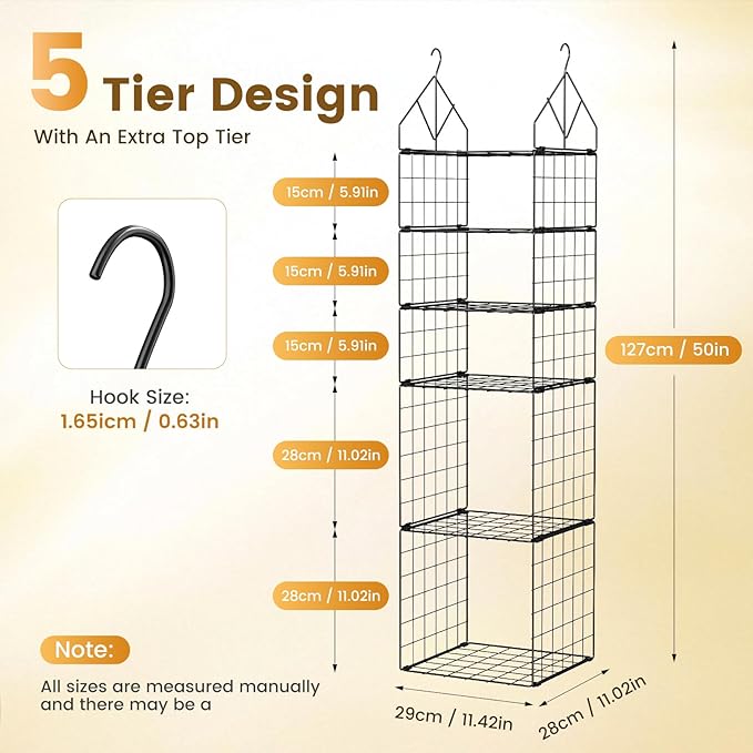 2 Pack Hanging Closet Organizer, 5 Tier Stackable Closet Organizer Foldable Closet Organizers and Storage Hanging Shelves with Hanging Hooks for Closet Clothing Sweaters Pants Shoes Handbags