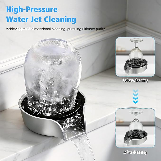 Glass Rinser for Kitchen Sink Glass Rinser with Pull-Out Spray High Pressure 360° Rotating Faucet Glass Rinser Cup Cleaner Bottle Washer for Bar Cafe Sink (Silver)