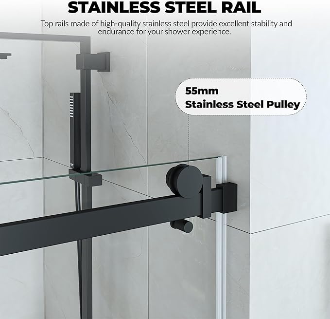 Shower Door 56-60" W x 76" H, Sliding Door, 1/4" (6mm) Clear Tempered Glass, Space-Saving Design for Modern Bathrooms