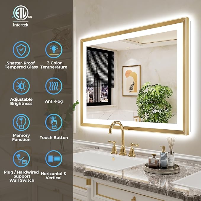 40x32 Gold Framed LED Bathroom Mirror with Lights, Backlit and Front Light, Lighted Bathroom Vanity Mirror for Wall Dimmable Anti-Fog Memory Tempered Glass Horizontal/Vertical