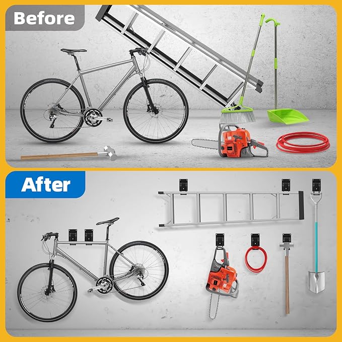 6 Pack Garage Hooks 10 INCH Heavy Duty Double-Layer Steel Shed Wall Mount Workshop Garage Storage Tool Organizer Hooks for Hanging Garden Tool, Hose, Ladder, Chairs, Bikes with Anti-Slip Coating