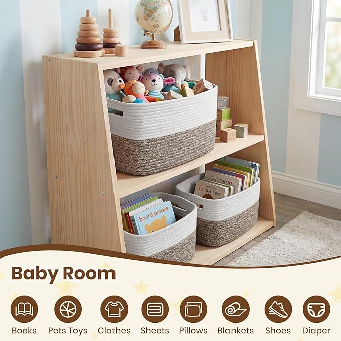 Storage Baskets for Organizing, 14 x 10 x 9” Closet Shelf Woven Baskets, Square Bins with Handles, Cotton Rope Basket for Toys, Clothes, Office, Room, White+Dark brown 1 Pack