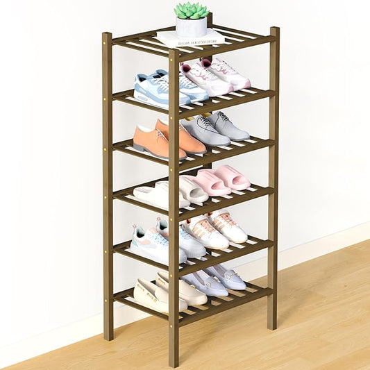 Smiry Bamboo Shoe Rack for Closet, 6 Tier Small Wooden Stackable Shoe Organizer, Free Standing Shoes Storage Shelf for Entryway, Front Door Entrance, Walnut