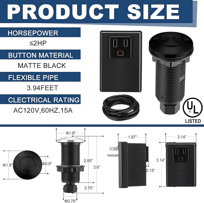 Garbage Disposal Air Switch Kit Wireless Sink Top Garbage Disposal Button Stainless Steel/On/Off Waterproof Button Kit with Long Switch Matte UL Listed(Single Outlet,Black,Short Size)