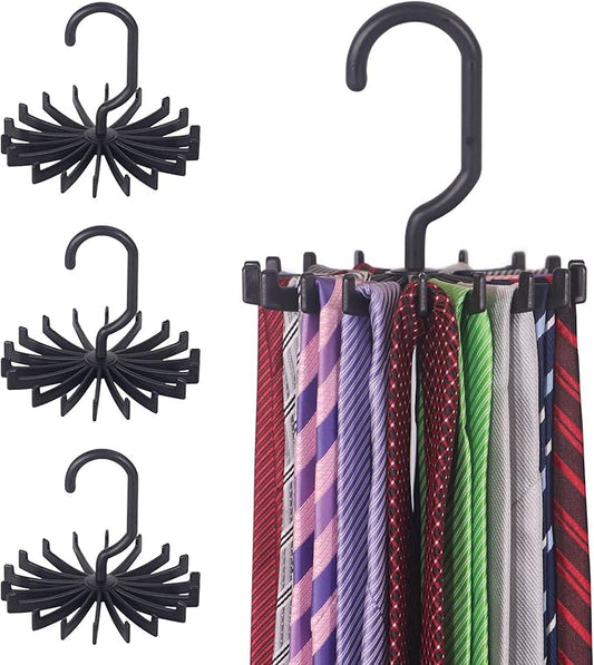 4 Pack Tie Rack Hanger Holder Hooks Organizer for Mens, 360 Degree Rotating Tie Racks, Black