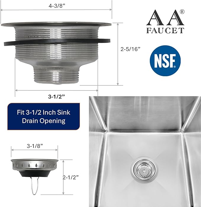 AA-137 3-1/2 Inch Stainless Steel Commercial Compartment Sink Drain Strainer Kit with Removable Strainer Basket Stopper and Brass Screw Nut