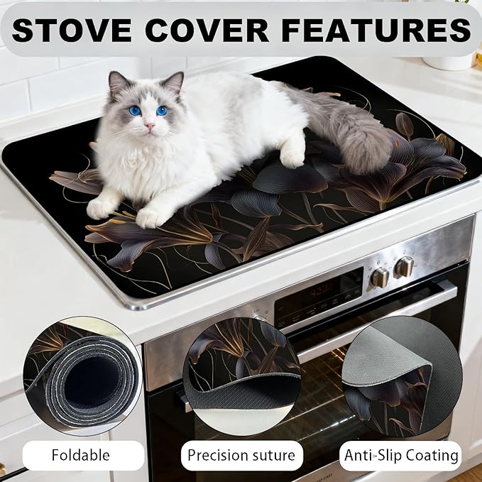 Glass Stove Top Covers for Electric Stove, Heat Resistant Counter Protector Mat, Non Slip Waterproof Surface Cover for Kitchen Counter and Cooktop (Dark Lilies, 28"L x 20"W)