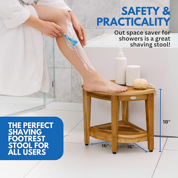 EcoDecors Teak Shower Corner Caddy 18" – Waterproof Wood Storage Organizer with Built-in Shelf and Adjustable Feet - Ideal for Small Bathrooms & Walk-in Showers - Indonesian Teak