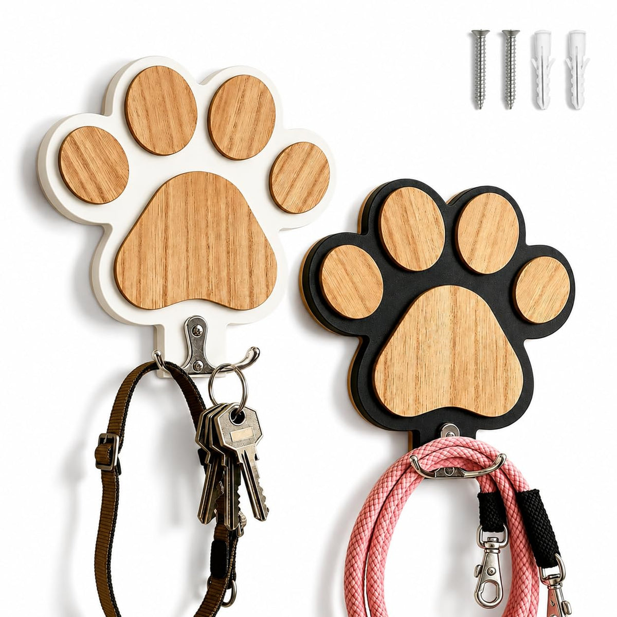 2-Pack Dog Leash Holder, Wooden Paw Wall Hooks for Entryway - Image 1
