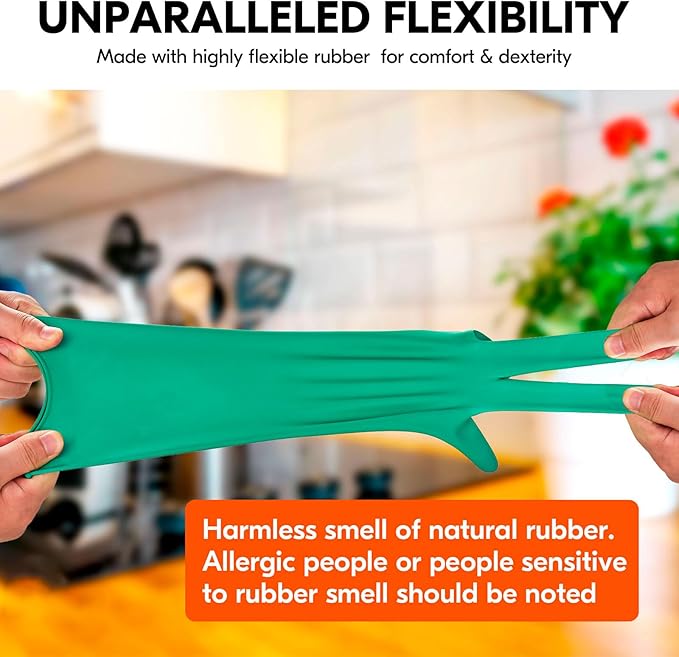 Vgo... 1-Pair Reusable Household Gloves, Rubber Dishwashing gloves, Extra Thickness, Long Sleeves, Kitchen Cleaning, Working, Painting, Gardening, Pet Care (Size S, Green, HH4601)