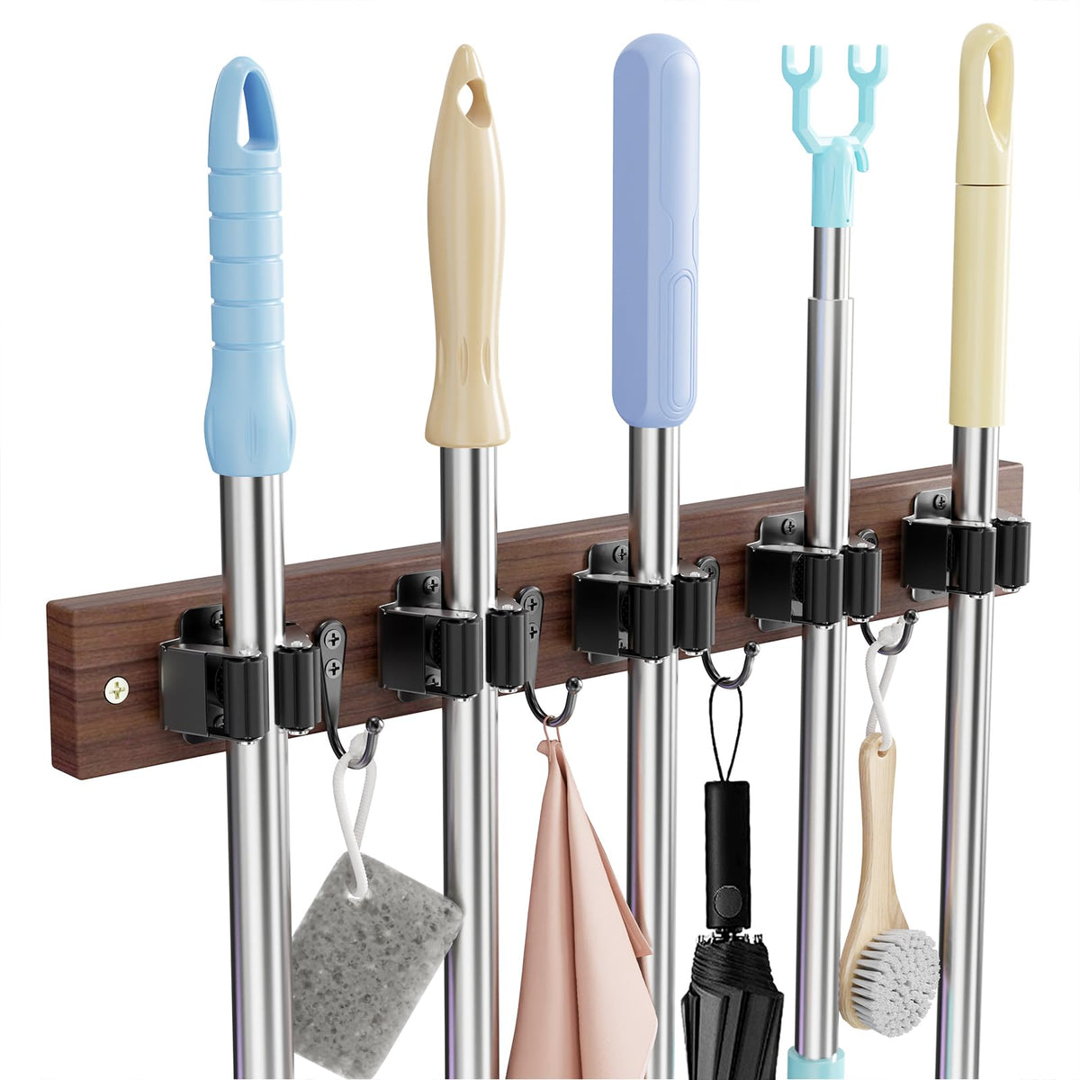 Broom Holder Wall Mount, Rustic Wood Broom Hanger with 5 - Image 1