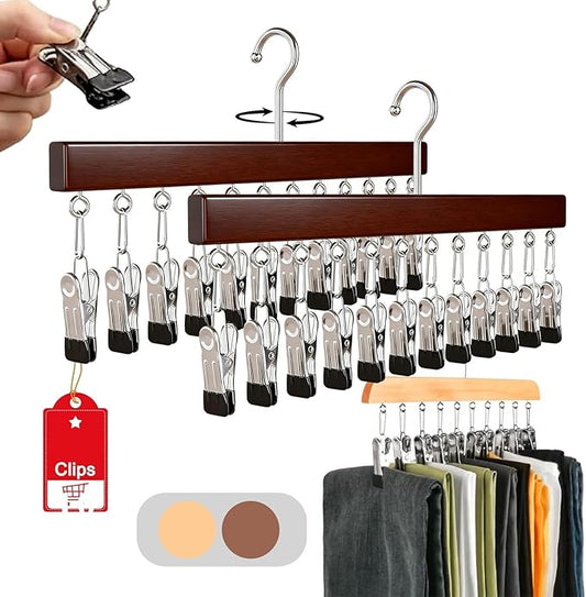 Closet Organizer with 10 Clips - Space Saving Hanging Closet Organizer, 2026 Upgraded Legging Hangers for Closet, 360° Rotating Metal Clips with Silicone Lining for Clothes (New-Vintage, 2PCS)
