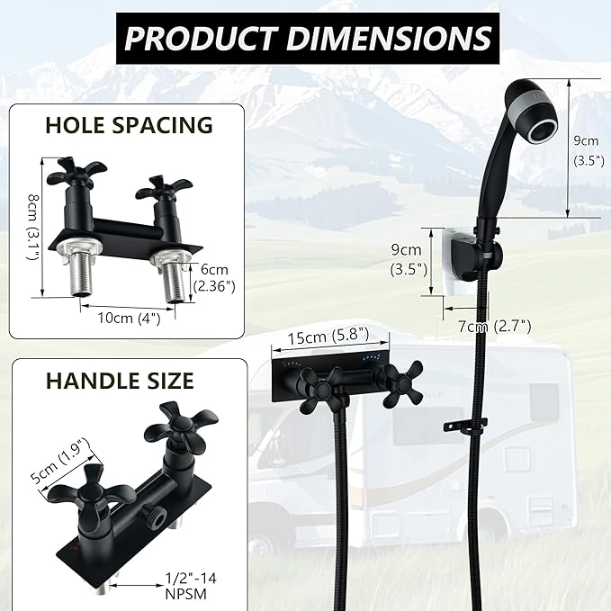 Black RV Shower Faucet with 3-Modes Shower Head and Hose, All Metal Camper Shower Faucet Replacement, 4" RV Outdoor for Travel Trailer, Camper, Motorhome