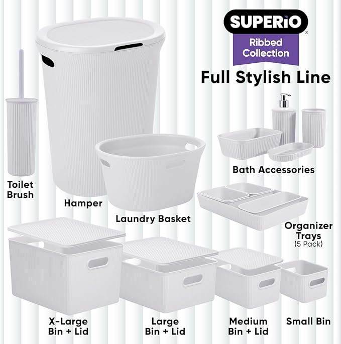 Decorative Plastic Basket Lidded Home Storage Bins Organizer, X-Large White Smoke (1 Pack - 22 Liter) Stackable Container Box, for Organizing Closet Storage Bins for Shelves - Ribbed Collection