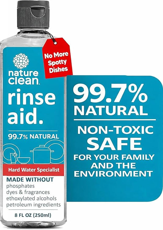 Nature Clean All Natural Dishwasher Rinse Aid Cleaner, Liquid Dishwasher Rinse Agent Spot-Free Glass & Cutlery in Hard Water, Non-Toxic Dish Washer Drying Agent & Stain Remover, 8 oz/250ml, Pack of 1