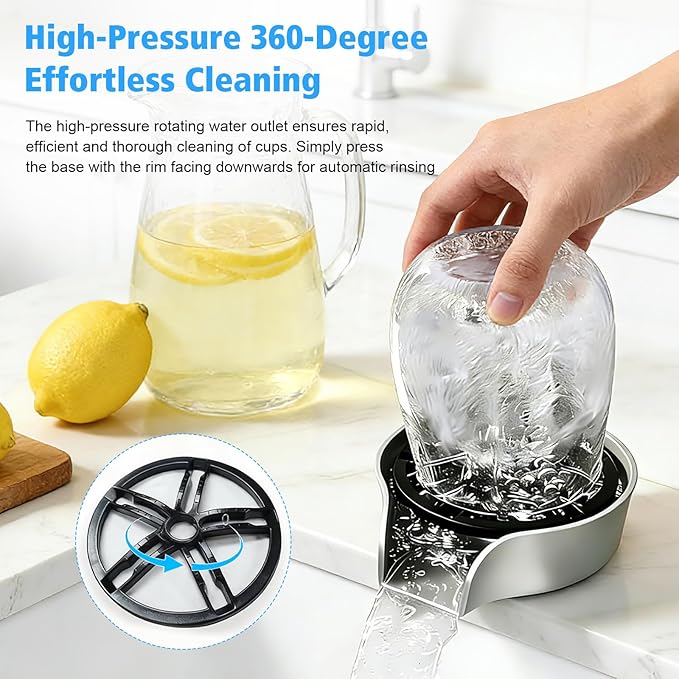 Glass Rinser for Kitchen Sink Glass Rinser with Pull-Out Spray High Pressure 360° Rotating Faucet Glass Rinser Cup Cleaner Bottle Washer for Bar Cafe Sink (Silver)