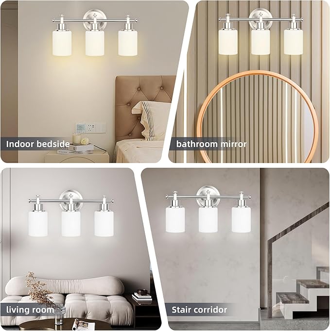3-Light Bathroom Vanity Light Fixtures, Brushed Nickel Compact Wall Sconce with White Glass Shade for Mirror, Bathroom, Living Room, Modern Style, E26 Base, 15.75 Inch