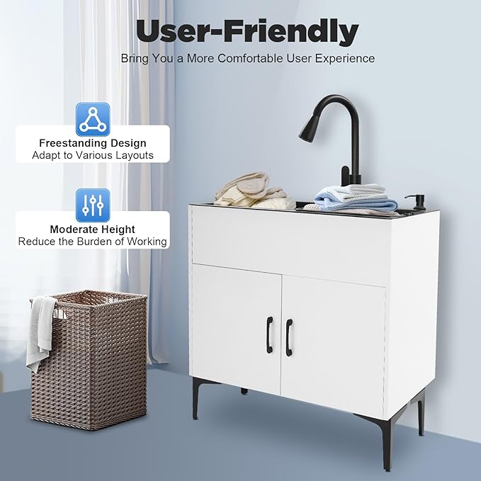 30-Inch Laundry Sink Cabinet with Stainless Steel Sink and Pull-Out Sprayer Faucet, Freestanding Deep Utility Sink with Cabinet Utility Tub for Bathroom Laundry Room Kitchen (White)