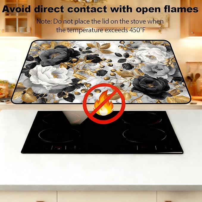 Glass Stove Top Covers for Electric Stove, Heat Resistant Counter Protector Mat, Non Slip Waterproof Surface Cover for Kitchen Counter and Cooktop (Gold Floral, 28"L x 20"W)